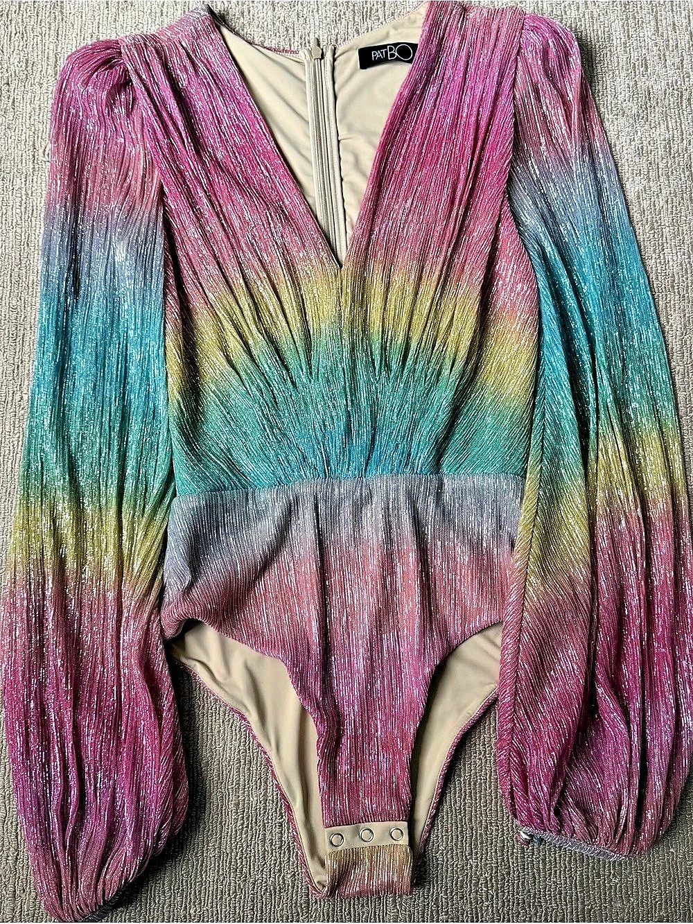 PatBO Prism Lurex Plunge Bodysuit Pink & Blue Medium